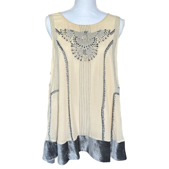 Anthropologie Tops - Anthropologie Moulinette Soeurs Women Top Blouse XL Beige Beaded Velvet Trim NEW